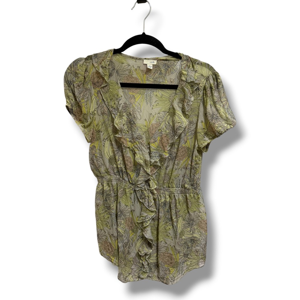 Anthropologie Odille Floral Wind Tossed Wildflowers Silk Green Ruffle Top 6